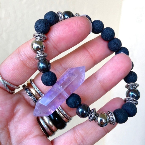 Silverskylight Jewelry - Double point amethyst crystal hematite lava beads